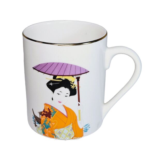 Japanese Geisha Girl Tea Cup Ceramic Painted Design Coffee Mug Gold Trim Orange - Picture 3 of 13